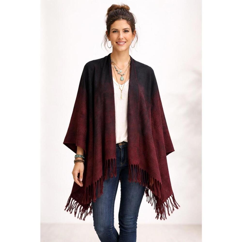 Rhea Ombré Poncho Wrap Shawl Black Burgundy Fringe Soft One Size Boho NWT A23